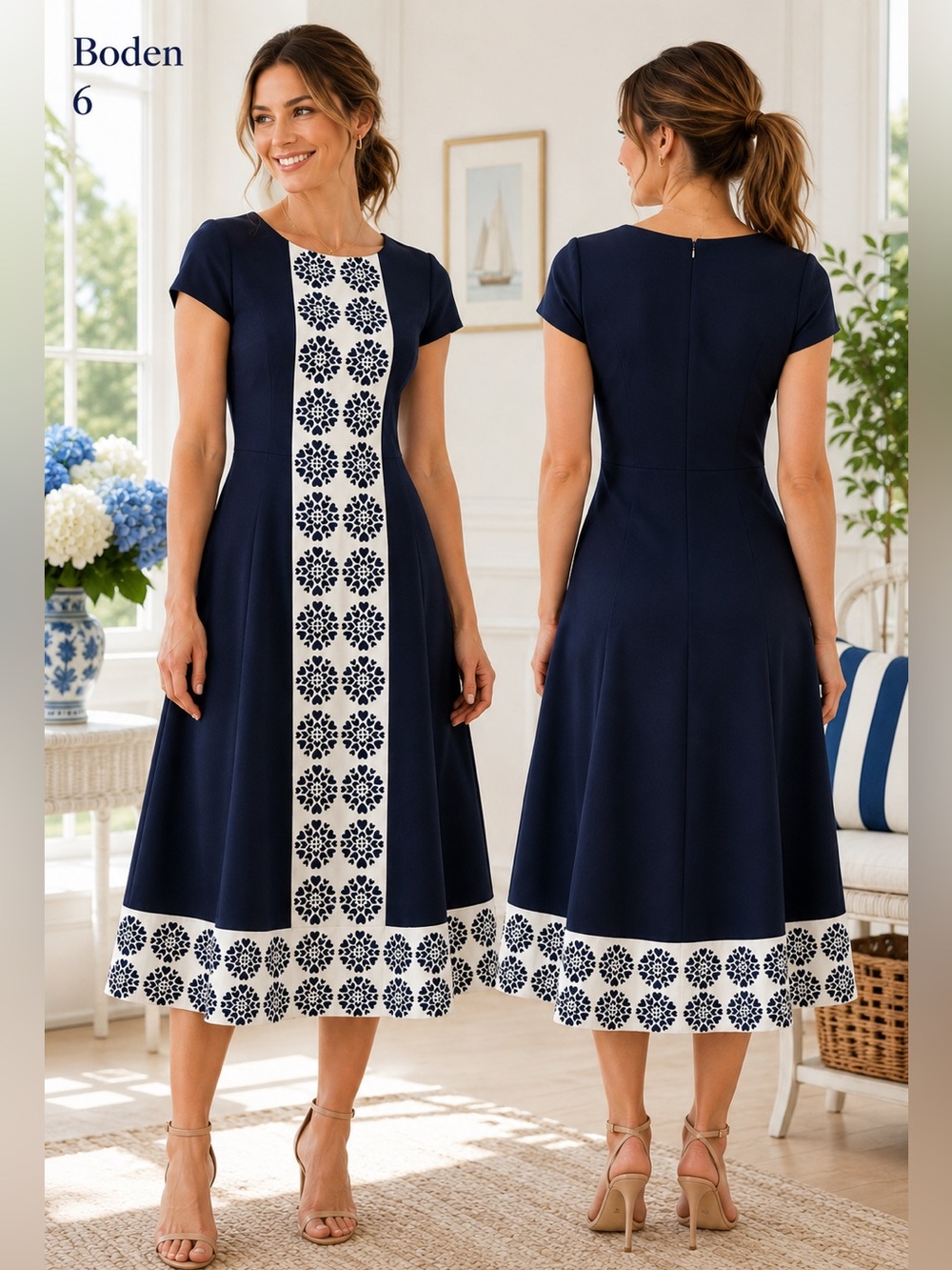 Boden Navy Blue Midi Dress 6 Heart Floral Print Fit Flare A Line Mod Preppy